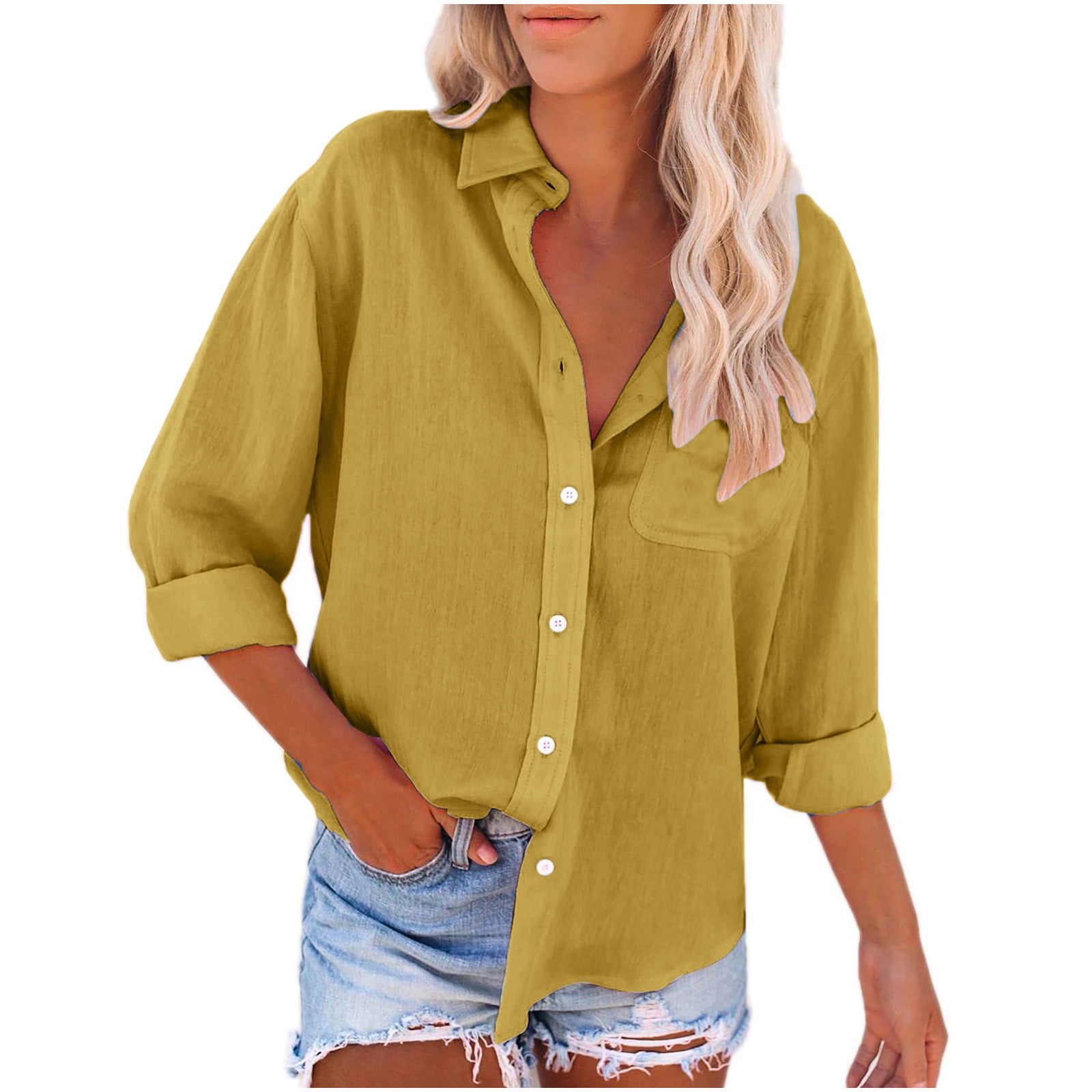 YYDGH Womens Cotton Linen Button Down Shirt 2023 Casual Long Sleeve Solid  Color Shirts Loose Work Tops with Pockets Yellow M 