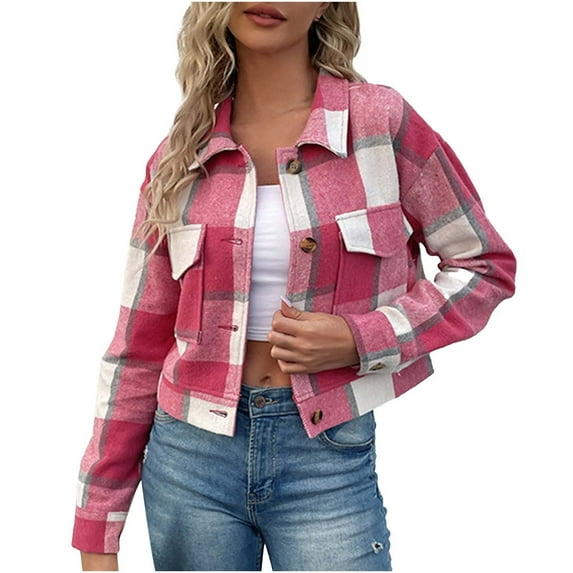 YYDGH Womens Cropped Plaid Shacket Jacket Long Sleeve Button Down Short Flannel Wool Blend Shirt Coat with Pockets Hot Pink L