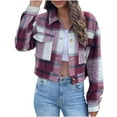 thumbnail image 1 of YYDGH Womens Cropped Plaid Shacket Jacket Long Sleeve Button Down Short Flannel Wool Blend Shirt Coat with Pockets Wine Red XL, 1 of 6