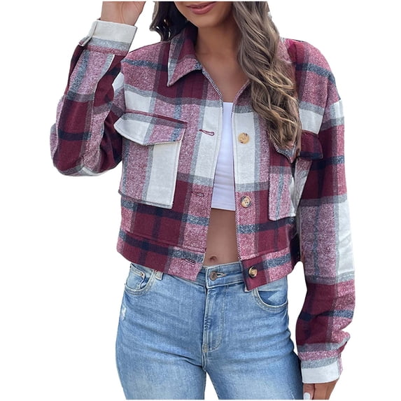 YYDGH Womens Cropped Plaid Shacket Jacket Long Sleeve Button Down Short Flannel Wool Blend Shirt Coat with Pockets Wine Red XL