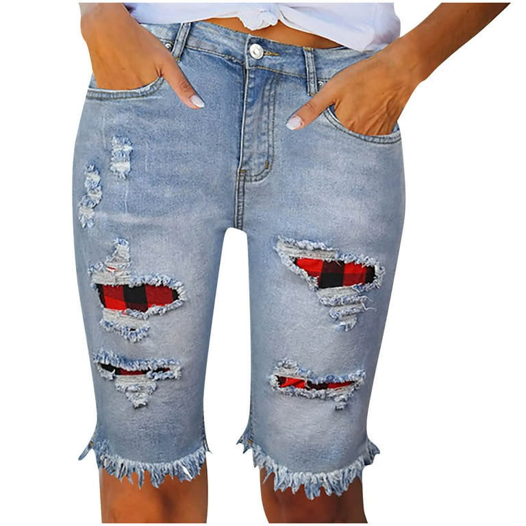 YYDGH Womens Denim Bermuda Shorts Distressed Frayed Raw Hem Jeans Shorts  Knee Length Light Blue M 