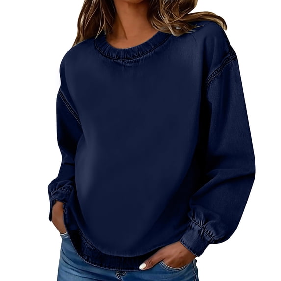 YYDGH Womens Denim Pullover Tops Long Sleeve Crew Neck Jean Sweatshirt Solid Color Casual Loose Fit Lightweight Sweatshirt Dark Blue XL