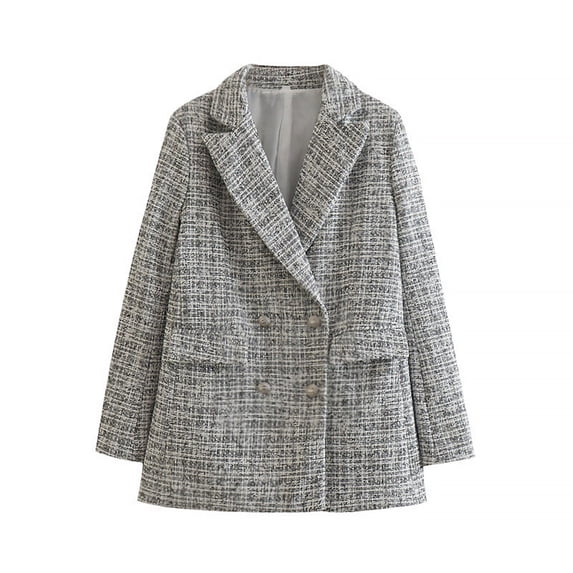 YYDGH Womens Double Breasted Tweed Blazers Notch Lapel Long Sleeve Open Front Blazer Jackets Casual Business Work Suits Dark Gray L