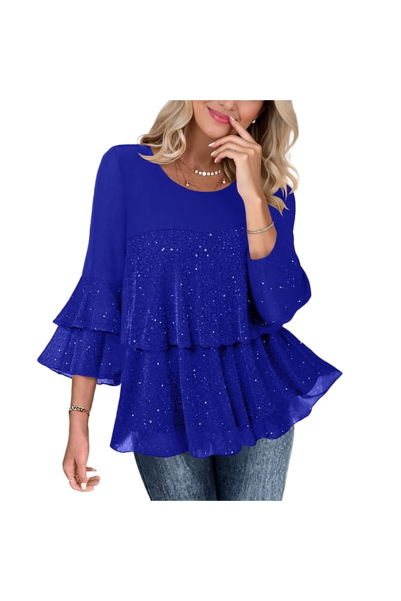 Womens Dressy Sparkly Peplum Tops Three Quarters Sleeve Double Layers Ruffles Blouses Elegant Evening Flowy Shirts Blue XXL