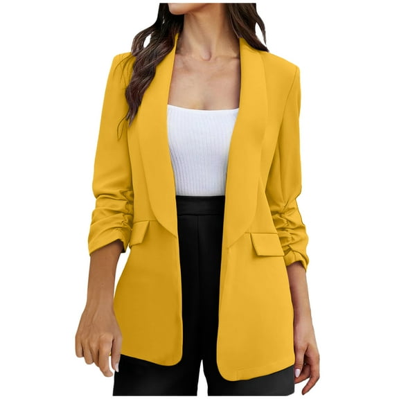 YYDGH Womens Fall Fashion Casual Blazers Long Sleeve Open Front Work Suit Office Blazer Jackets with Pockets Yellow L