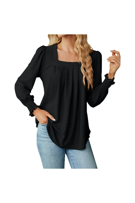 Womens Fall Puff Long Sleeve T Shirts Blouses Square Neck Pleated Tops Dressy Casual Tunic Tops with Smocked Cuffs Black XXL
