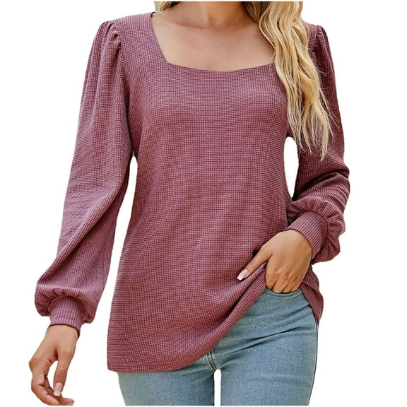 YYDGH Womens Fall Puff Long Sleeve T Shirts Square Neck Solid Color Tunic Tops Loose Fit Casual Blouses Sweatshirt Purple L