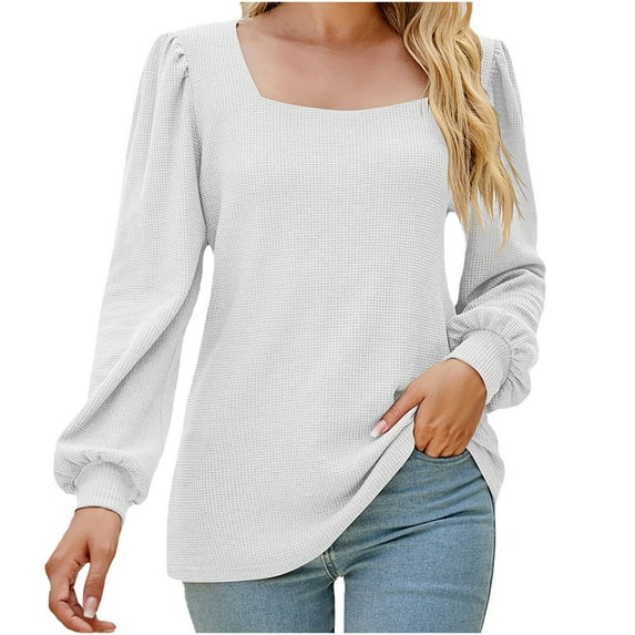 YYDGH Womens Fall Puff Long Sleeve T Shirts Square Neck Solid Color Tunic Tops Loose Fit Casual Blouses Sweatshirt White S