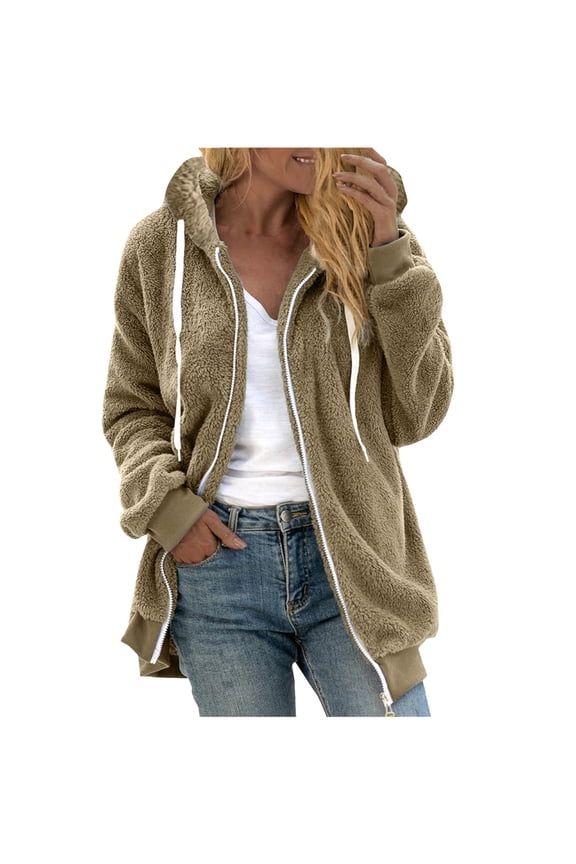 Womens Fall Trendy Zip Up Drawstring Fleece Winter Jackets Plus Size Thick Fuzzy Coats Trendy Warm Outerwear with Hood