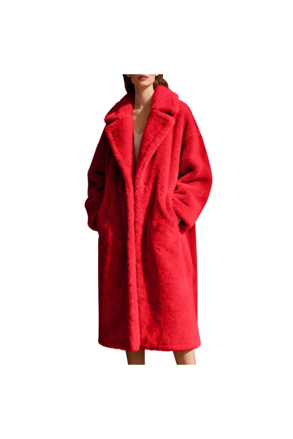 Womens Faux Fur Winter Coat Warm Fluffy Fleece Long Parka Jackets Thick Plus Size Notched Lapel Sherpa Overcoat Outerwear with Pockets