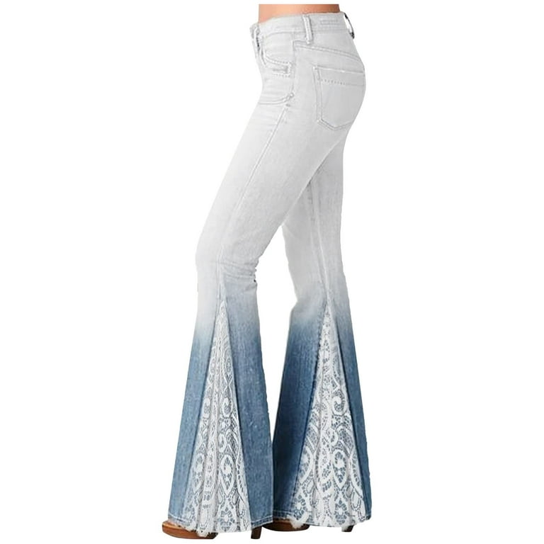YYDGH Womens Floral Lace Flare Jeans High Waisted Stretch Bell Bottom Jeans  Boho Bootcut Jean Denim Palazzo Pants Blue L
