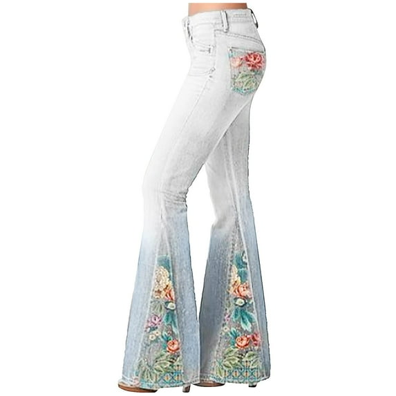 YYDGH Womens Floral Lace Flare Jeans High Waisted Stretch Bell Bottom Jeans Boho Bootcut Jean Denim Palazzo Pants Gray S
