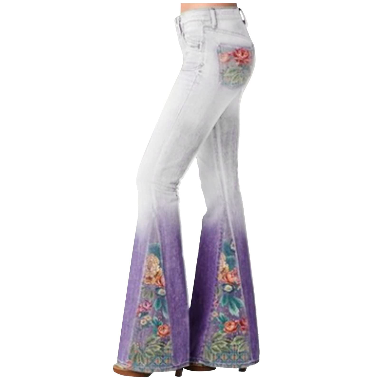 YYDGH Womens Floral Lace Flare Jeans High Waisted Stretch Bell Bottom Jeans  Boho Bootcut Jean Denim Palazzo Pants Purple XL