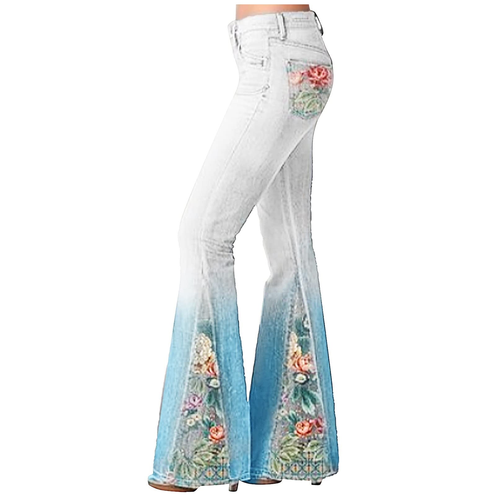 Gradient Flower Print Imitation Denim Bell Bottoms High Waist Long Pants  For Women Spring Fashion Plus Size Peacocks Ladies Trousers L1031 From  Sihuai03, $33.65