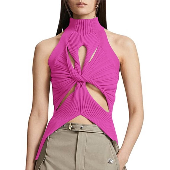 YYDGH Womens Halter High Neck Sexy Kint Vest Sleeveless Twist Knot Cut Out Tank Tops Summer Solid Color Sweart Tops Hot Pink M