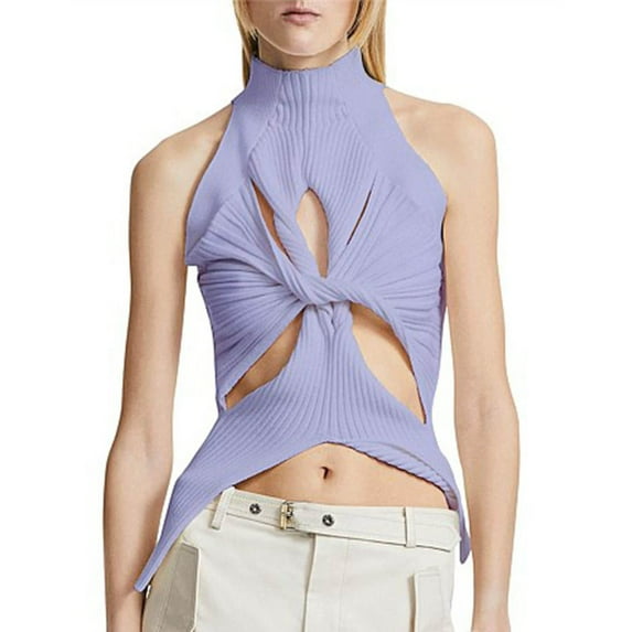 YYDGH Womens Halter High Neck Sexy Kint Vest Sleeveless Twist Knot Cut Out Tank Tops Summer Solid Color Sweart Tops Purple L