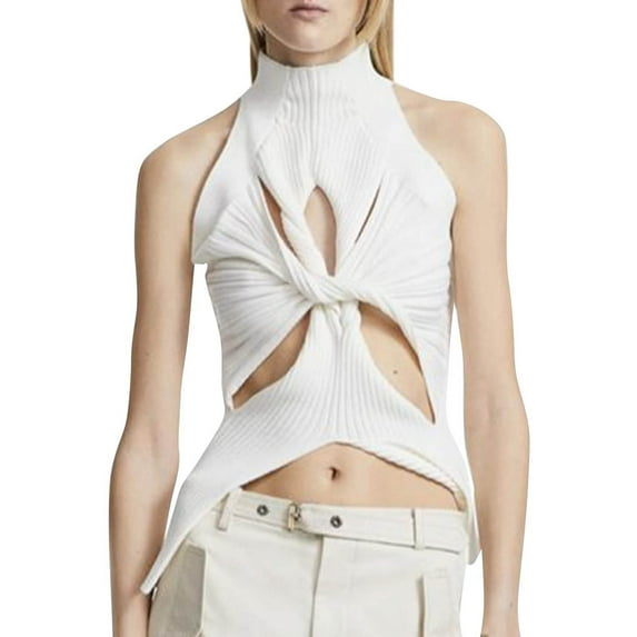 YYDGH Womens Halter High Neck Sexy Kint Vest Sleeveless Twist Knot Cut Out Tank Tops Summer Solid Color Sweart Tops White XL