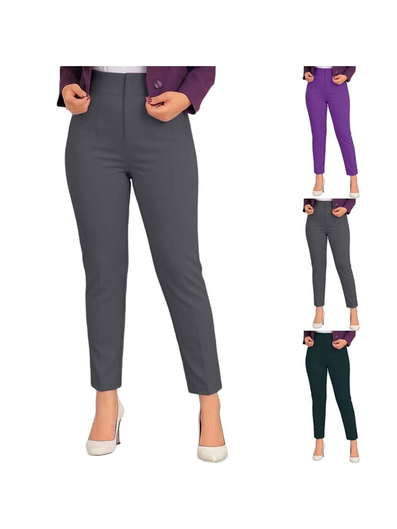 Womens High Waist Slim Straight Fit Cropped Pants Stretch Ankle Length Casual Business Work Trousers with Pockets Comfortable Daily Wear