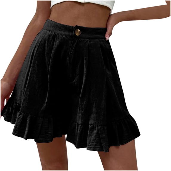 YYDGH Womens High Waisted Wide Leg Shorts Summer Beach Lightweight Ruffle Hem Flowy Short Pants with Pockets Black S