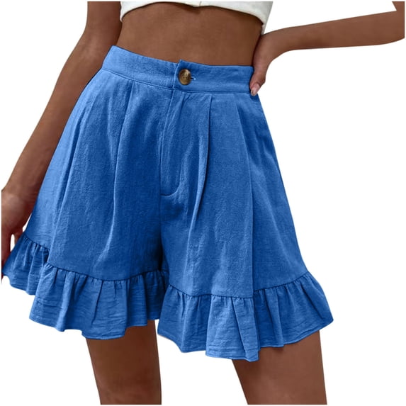 YYDGH Womens High Waisted Wide Leg Shorts Summer Beach Lightweight Ruffle Hem Flowy Short Pants with Pockets Blue 4XL