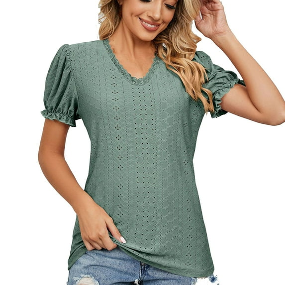 YYDGH Womens Lace Trim V Neck Shirts Puff Ruffle Sleeve Elegant Blouse Solid Color Fashion Casual Tunic Tops Green L