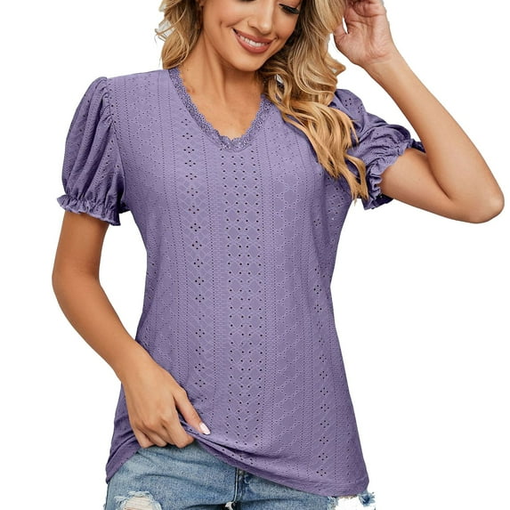 YYDGH Womens Lace Trim V Neck Shirts Puff Ruffle Sleeve Elegant Blouse Solid Color Fashion Casual Tunic Tops Purple M