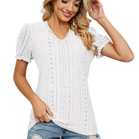 YYDGH Womens Lace Trim V Neck Shirts Puff Ruffle Sleeve Elegant Blouse Solid Color Fashion Casual Tunic Tops White S