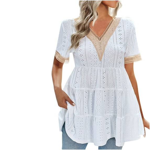 YYDGH Womens Lace V Neck Cute Babydoll Tops Short Sleeve Eyelet T Shirts Summer Casual Peplum Loose Fit Tunic Shirts White XL