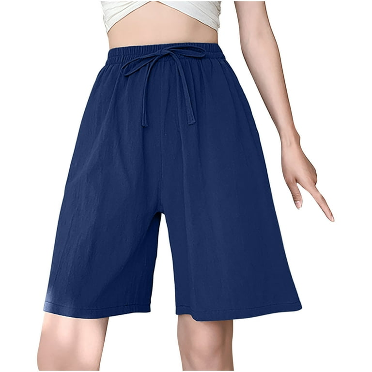 YYDGH Womens Linen Drawstring Elastic Waist Shorts Summer Casual Soft Cute Beach Shorts with Pockets Navy Blue XL
