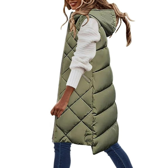 YYDGH Womens Long Puffer Vest Winter Fall Warm Sleeveless Coat Zip Up Hooded Jackets Trendy Quilted Long Down Vest with Zipper Pockets