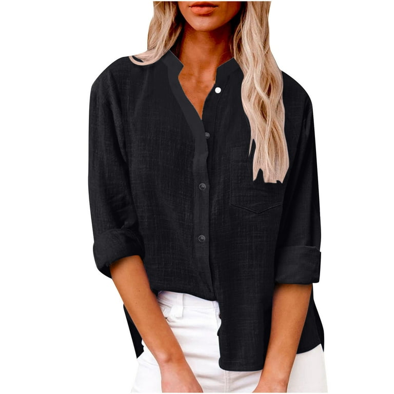 YYDGH Womens Long Sleeve Button Down Shirts V Neck Cotton Linen Blouses  Roll Up Casual Work Plain Solid Color Tops Black M 