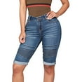 thumbnail image 1 of YYDGH Womens Mid Rise Roll Cuff Bermuda Stretch Denim Jean Shorts Dark Blue S, 1 of 8