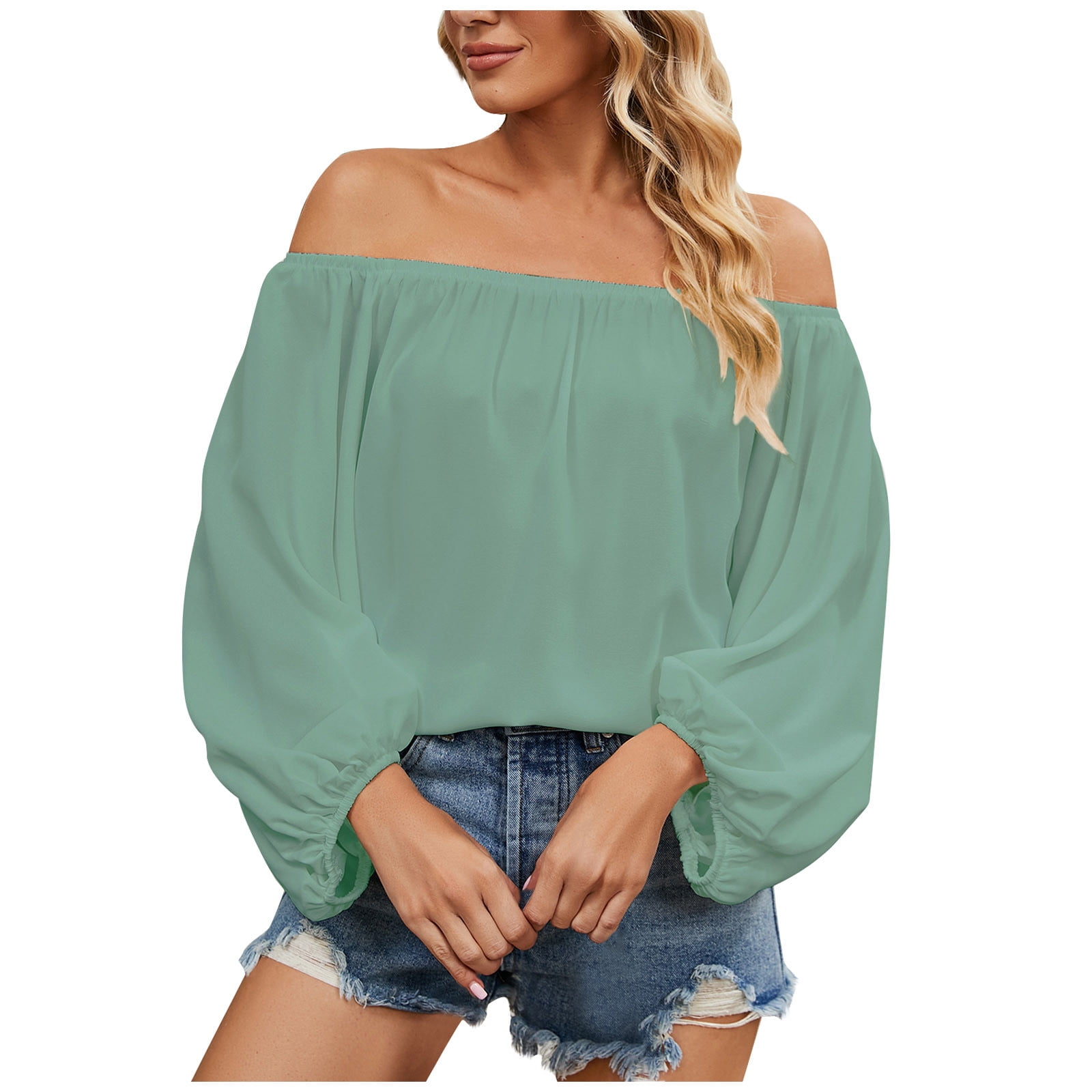 Cutout Back Lantern Sleeve Blouse & Reviews - Green - Sustainable Tops
