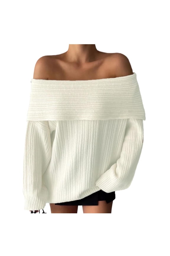 Womens Off The Shoulder Sweater Folded Over Long Sleeve Pullover Tops Dressy Chunky Ribbed Knit Slim Fit Sweaters White M