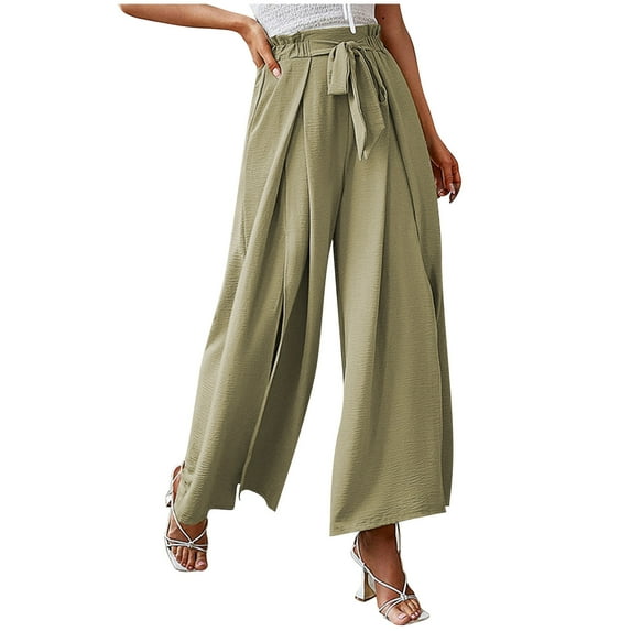 YYDGH Womens Palazzo Long Pants High Waist Belted Wide Leg Stretchy Loose Fit Casual Trousers with Pocket Green XL
