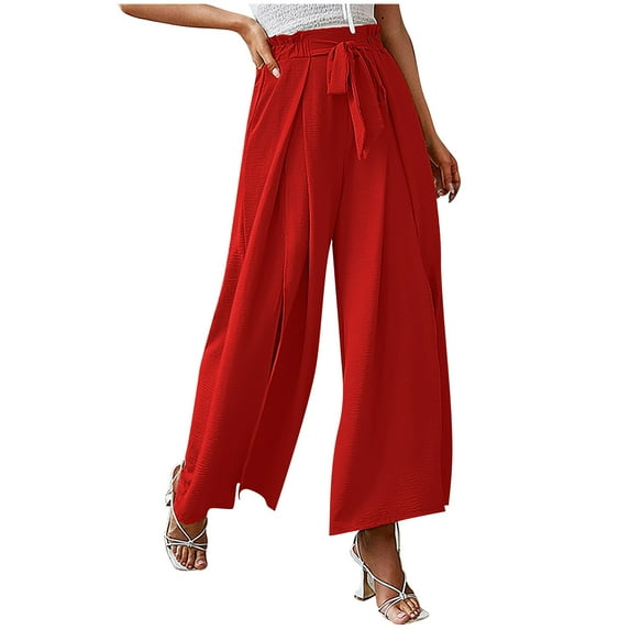 YYDGH Womens Palazzo Long Pants High Waist Belted Wide Leg Stretchy Loose Fit Casual Trousers with Pocket Red XXL