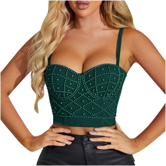 YYDGH Womens Pearl Beaded Bustier Crop Top Spaghetti Strap Corset Top Club Party Green XS