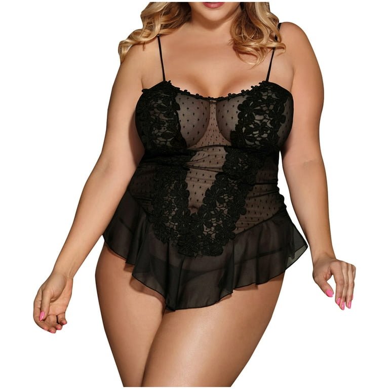 YYDGH Womens Plus Size Floral Lace Lingerie Sheer Mesh Polka Dot