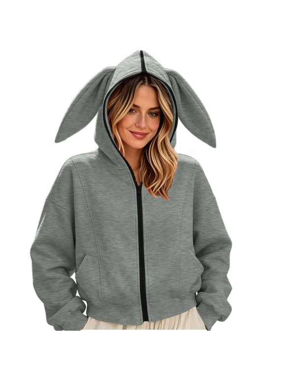 Womens Rabbit Ears Cute Hoodies Zip up Oversized Casual Sweatshirts Long Sleeve Cropped Jackets with Pockets