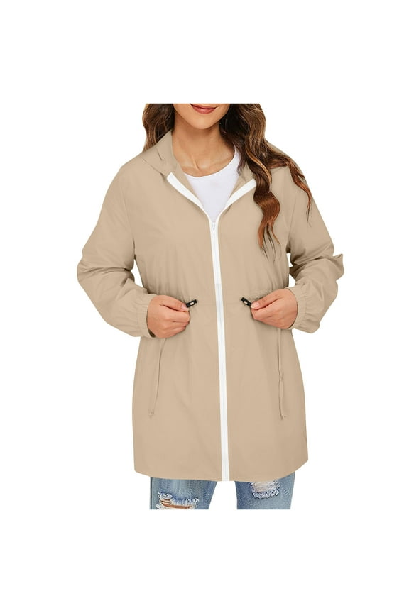 Womens Rain Jackets Waterproof Windbreaker Jackets Active Lightweight Portable Hooded Rain Coat with Pockets Khaki M