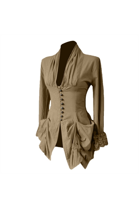 Womens Renaissance Gothic Blouse Deep V Neck Bell Sleeves Gothic Medieval Shirts Long Sleeve Button Up Tunic Tops Khaki 3XL