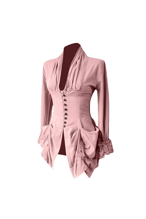 Womens Renaissance Gothic Blouse Deep V Neck Bell Sleeves Gothic Medieval Shirts Long Sleeve Button Up Tunic Tops Pink L