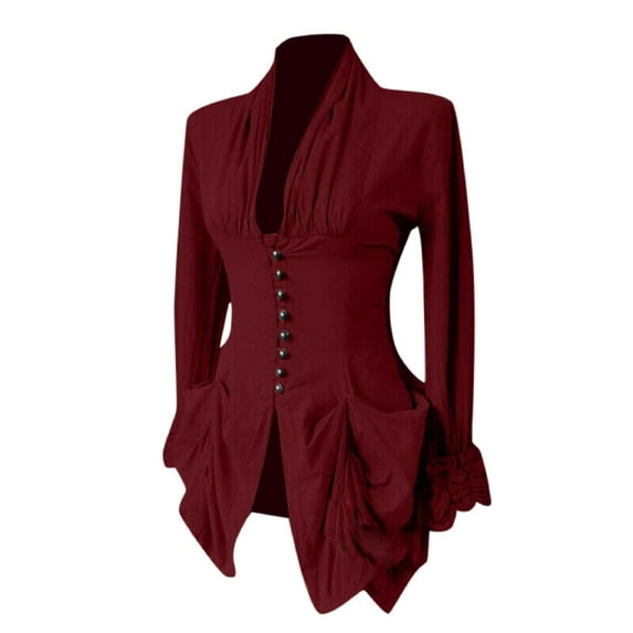 YYDGH Womens Renaissance Gothic Blouse Deep V Neck Bell Sleeves Gothic Medieval Shirts Long Sleeve Button Up Tunic Tops Wine Red XL