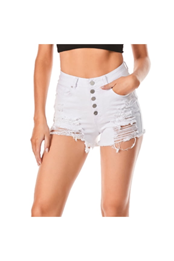 Womens Ripped Denim Shorts Mid Waisted Button Down Stretchy Distressed Jeans Casual Summer Shorts White M