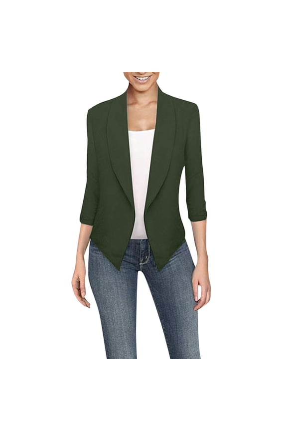 Womens Ruched 3/4 Sleeve Draped Blazers Plus Size Open Front Business Work Suit Office Blazer Jackets Casual Basic Cardigan Army Green S