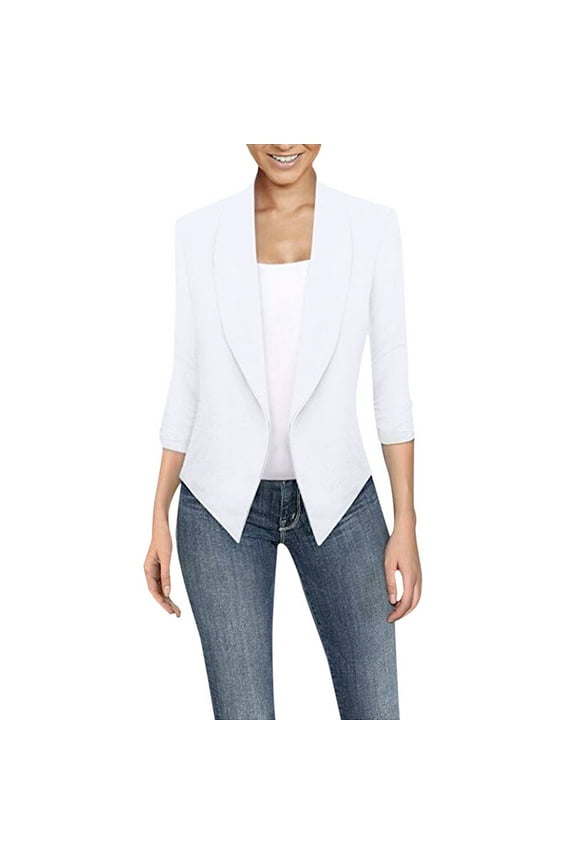 Womens Ruched 3/4 Sleeve Draped Blazers Plus Size Open Front Business Work Suit Office Blazer Jackets Casual Basic Cardigan S