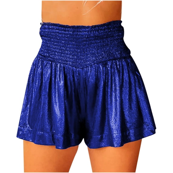 YYDGH Womens Sequin Shorts Elastic High Waisted Pleated Ruffle Cute Shorts Beach Flowy Casual Glitter Sparkly Shorts Blue L