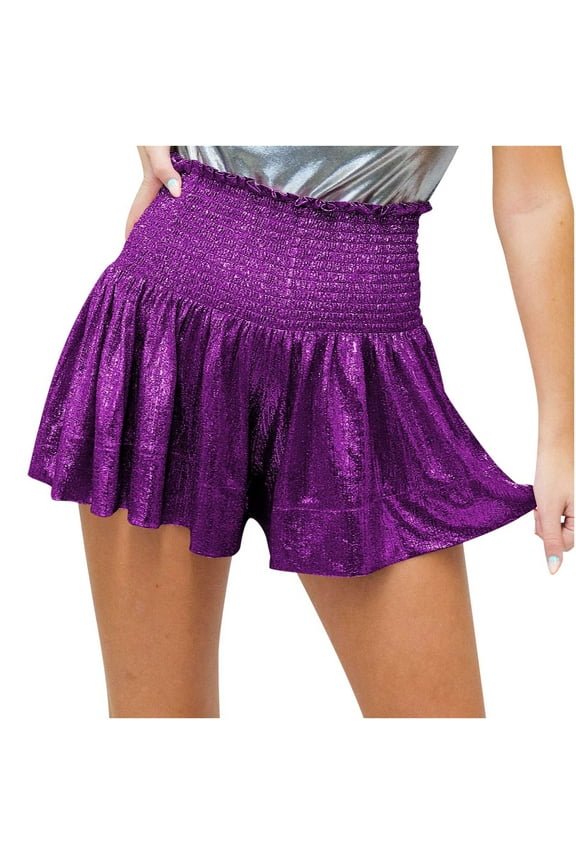 Womens Sequin Shorts Elastic High Waisted Pleated Ruffle Cute Shorts Beach Flowy Casual Glitter Sparkly Shorts Purple 3XL