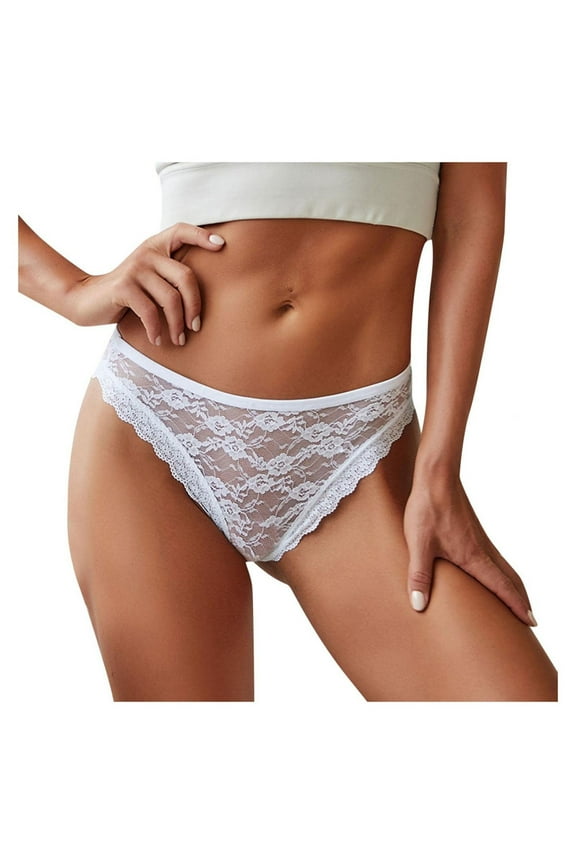 Womens Sexy G String Thongs Lace Cotton Pads Panties Underwear for Women Sheer Mesh Hipster Brief White L