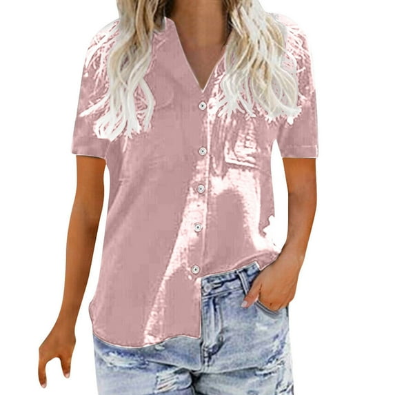 YYDGH Womens Short Sleeve Button Down Shirt Collared V Neck Tops Summer Solid Color Shirts Blouses Pink L